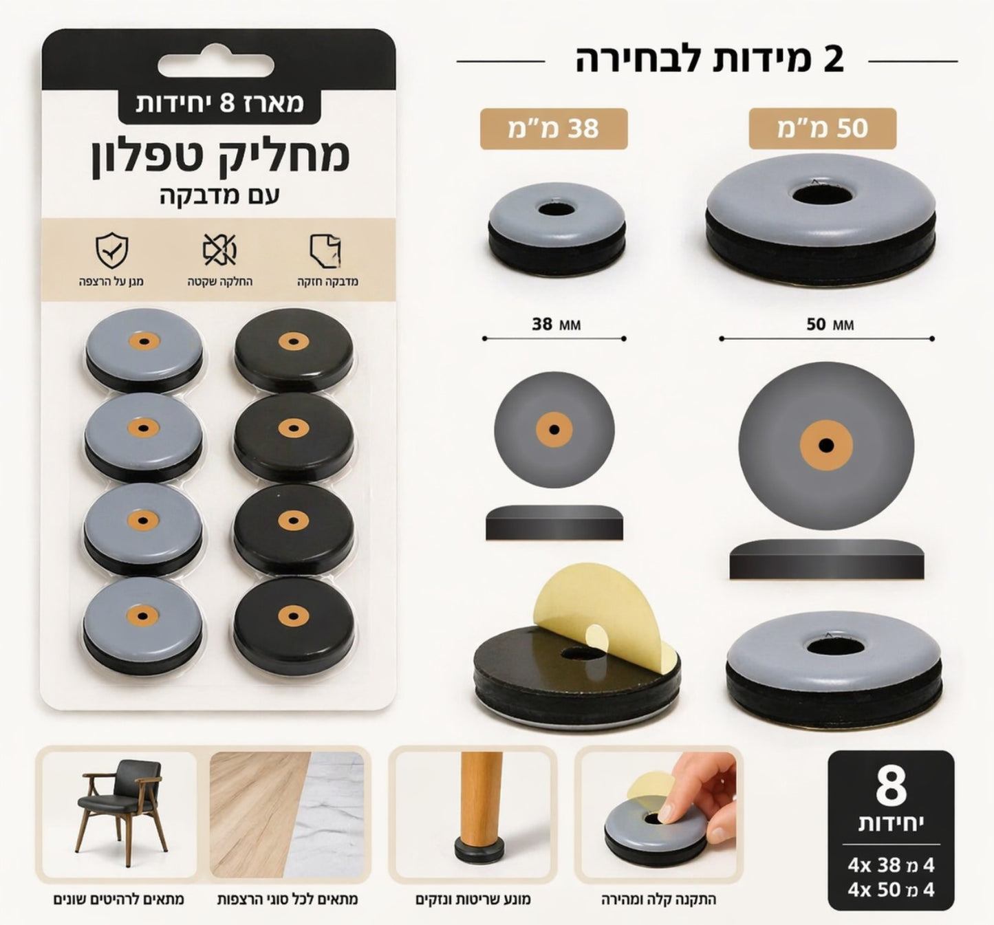 מארז 8 יחידות מחליקי טפלון עם בורג ומדבקה