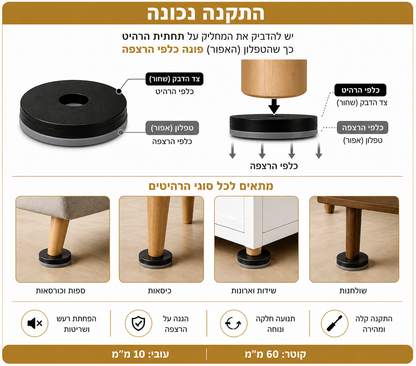 מארז 4 יחידות מחליק טפלון רוחב 60 מ"מ עם מדבקה ובורג